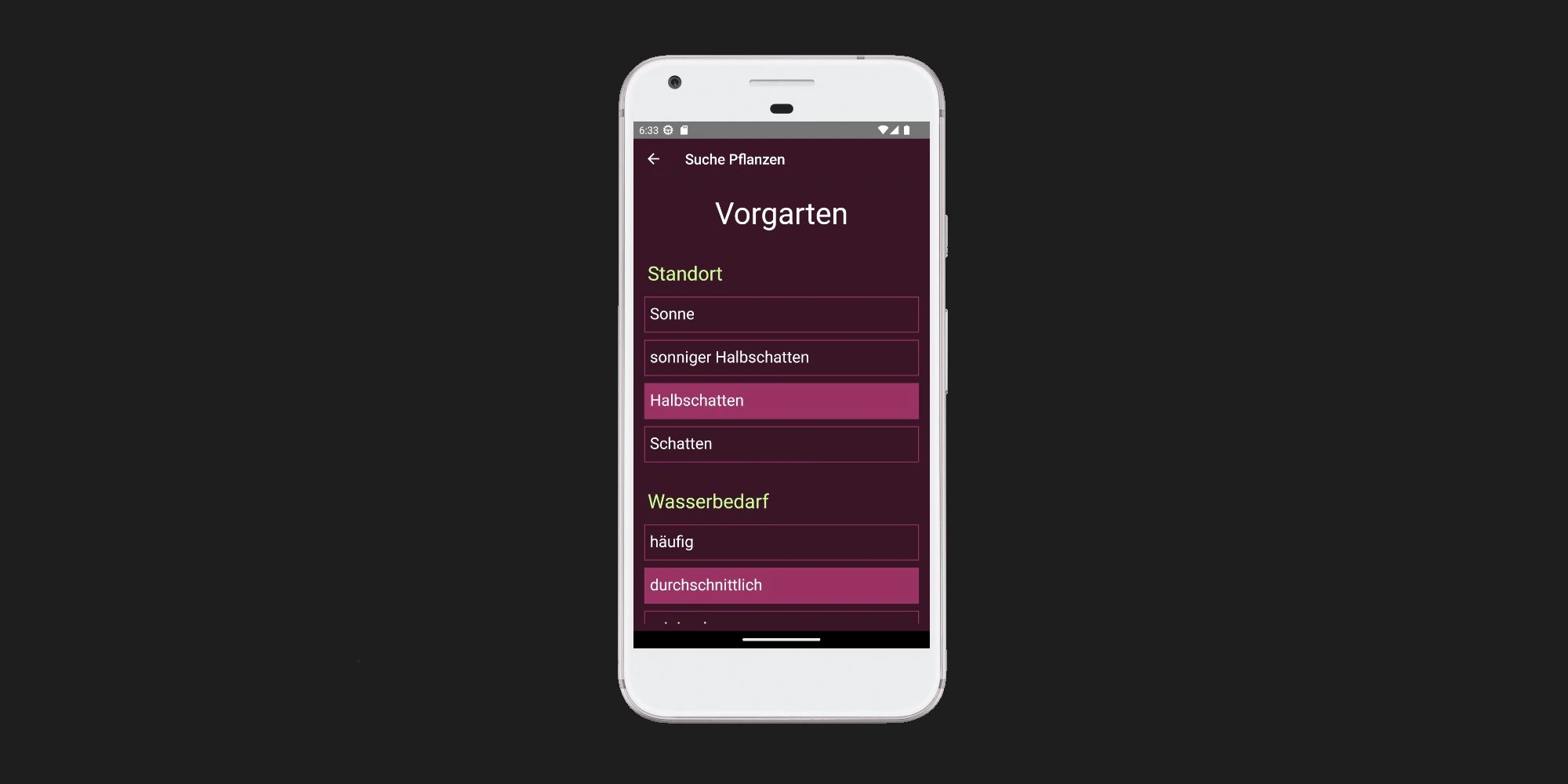 The properties of the garden area can be selected: sunlight, water level, soil etc.